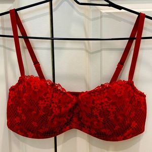 NEW! Adore Me red, lined, lace bra and matching hiphugger panty. Only worn once